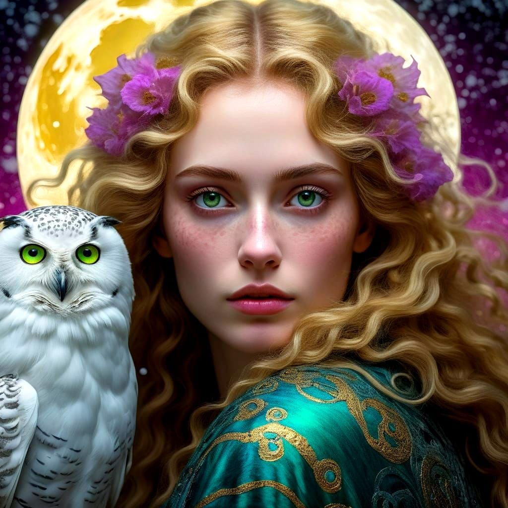 Gustav Klimt-Inspired Portrait of a Mystical Woman under a L...