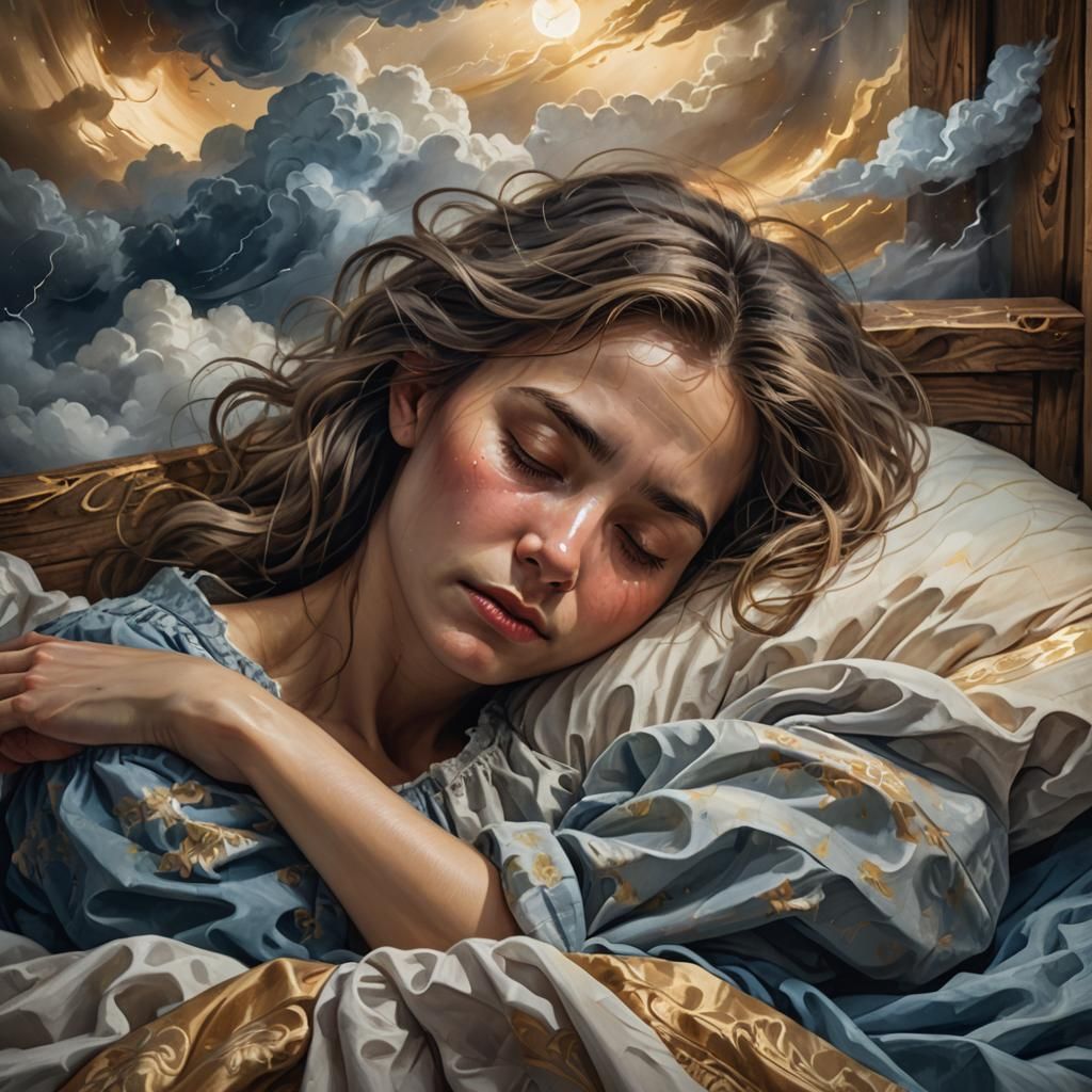 Dreamy Portrait of Sleeping Woman Amidst Storm