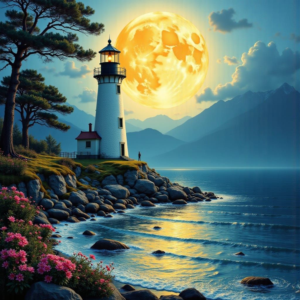 Ethereal lighthouse full moon, Fantasycore 64 megapixels per...