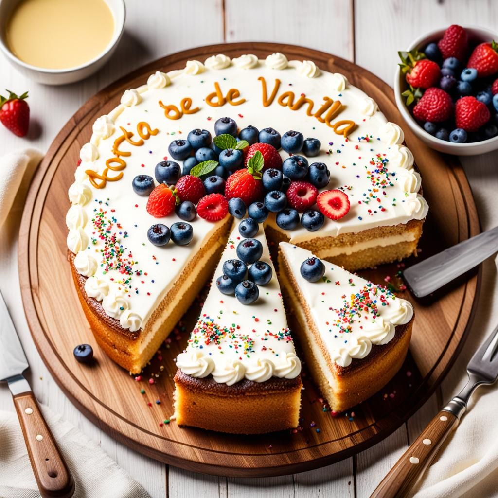 Golden Vanilla Cake with Berries and Sprinkles