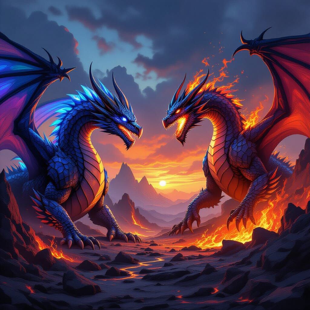 Crystal Dragon Battles Fiery Lava Dragon