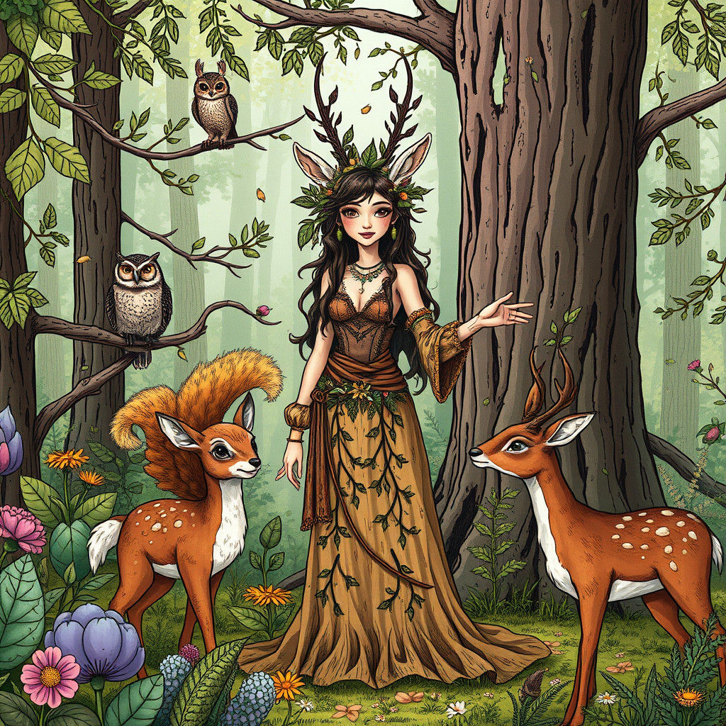 Faun Meeting Forest Animals in Doodle Style