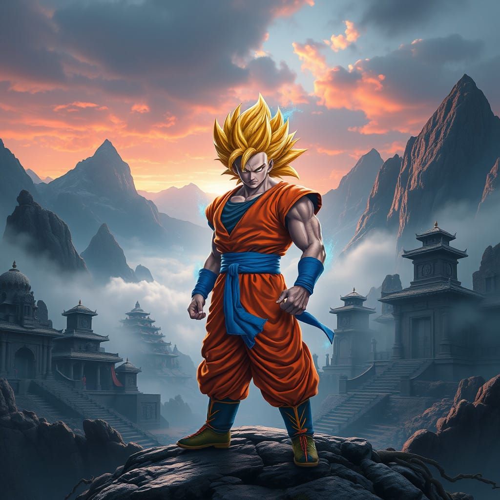 Epic Super Saiyan Warrior in Ancient Ruins