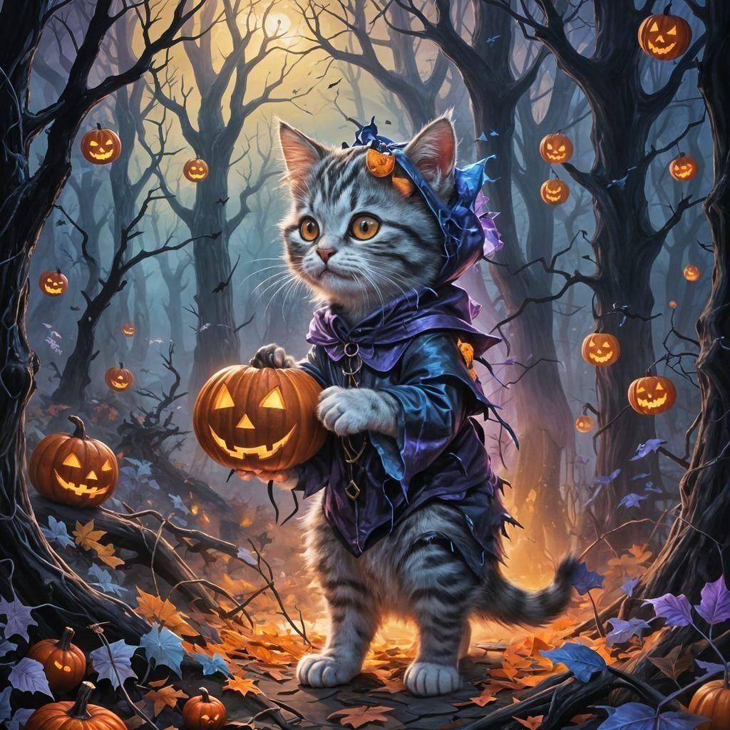 Kitten Ghost Trick-or-Treating: Detailed Matte Painting