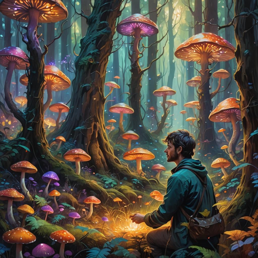 Man in Mystical Forest, Vibrant Oil Painting