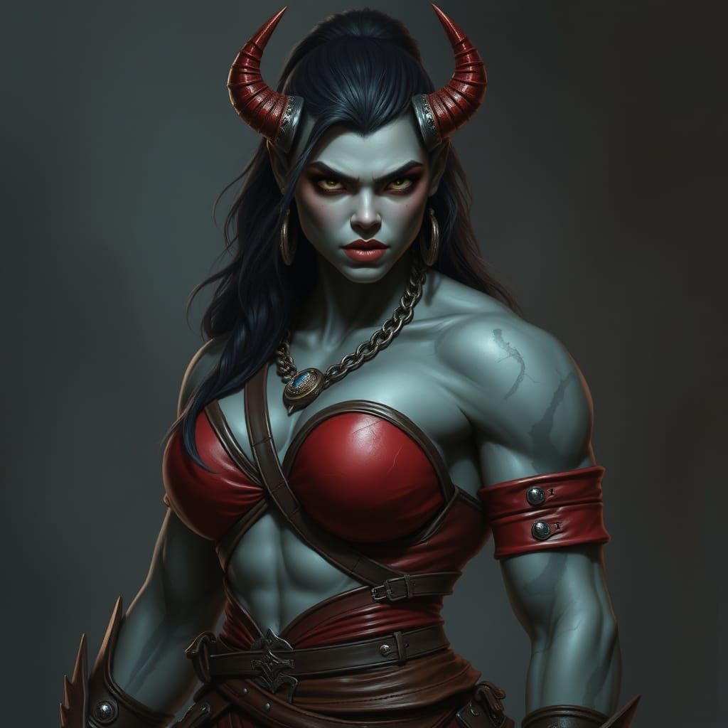 Half-Orc Female Bodybuilder in Red Leather