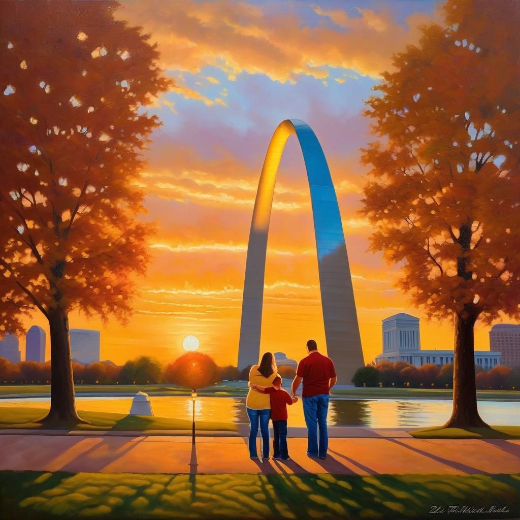Family at Gateway Arch in Oil Painting Style