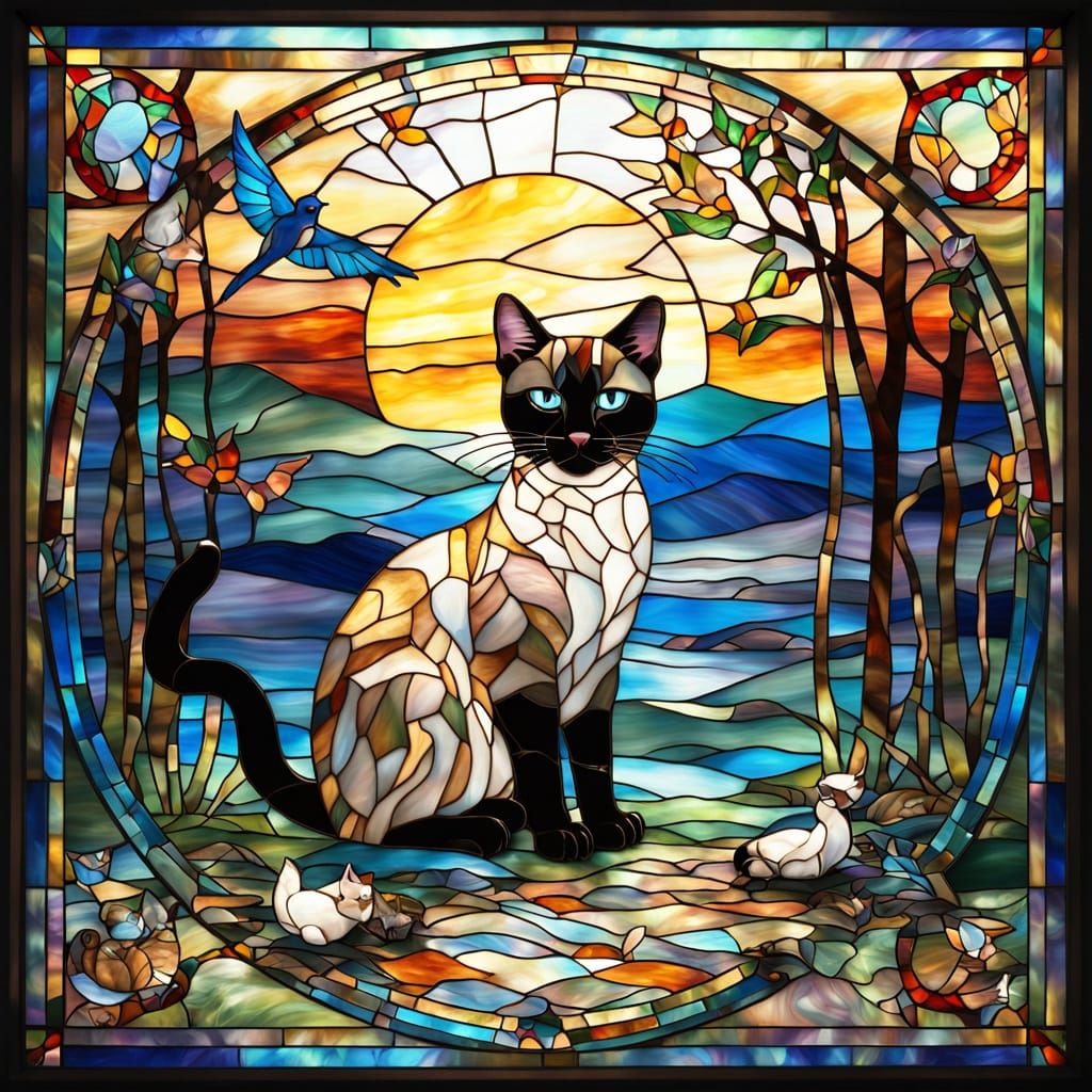 Siamese Cats in Vibrant Stained Glass Window Art