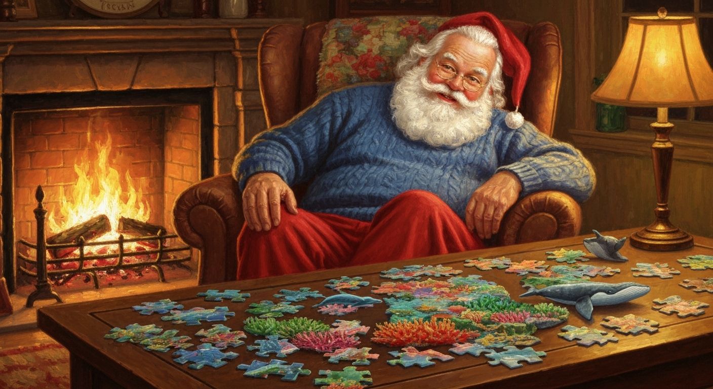 Santa Claus Solves Ocean Puzzles by Fireplace