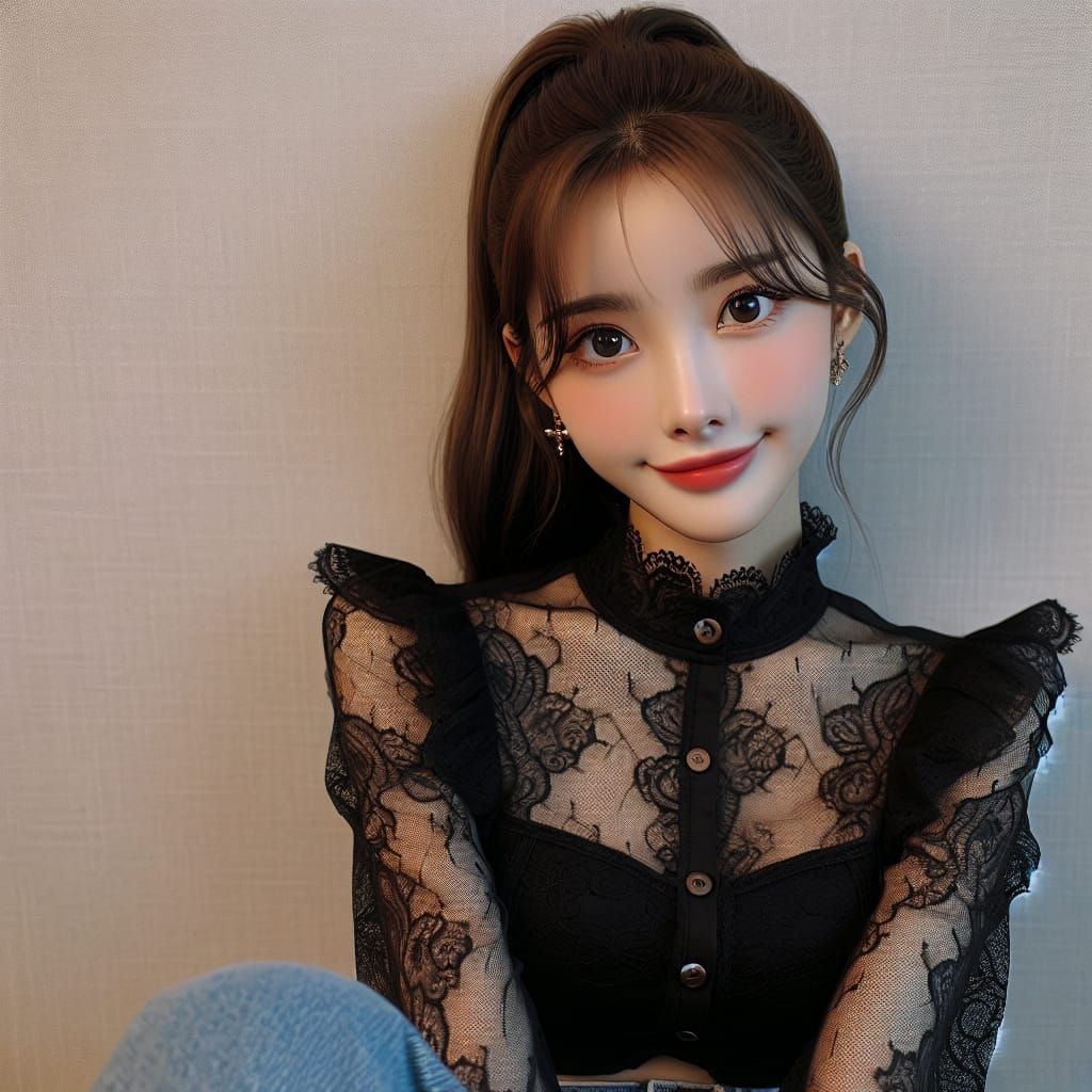 Korean Woman in Black Lace Blouse and Blue Jeans