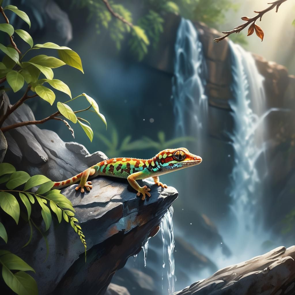 Gecko Gazing at Waterfall: Wildlife Illustration