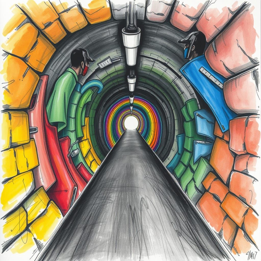 Vibrant Underground Tunnel in Charcoal Drawing Style