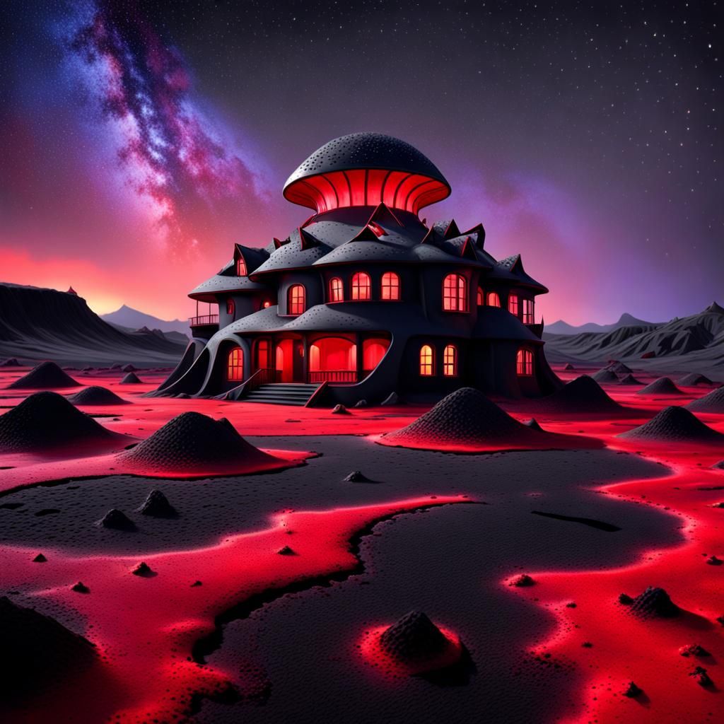 Otherworldly House on Cinder Planet in Dark Sky