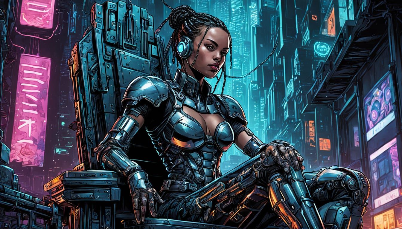 Cyberpunk Cyborg Woman on Throne, Comic Book Art