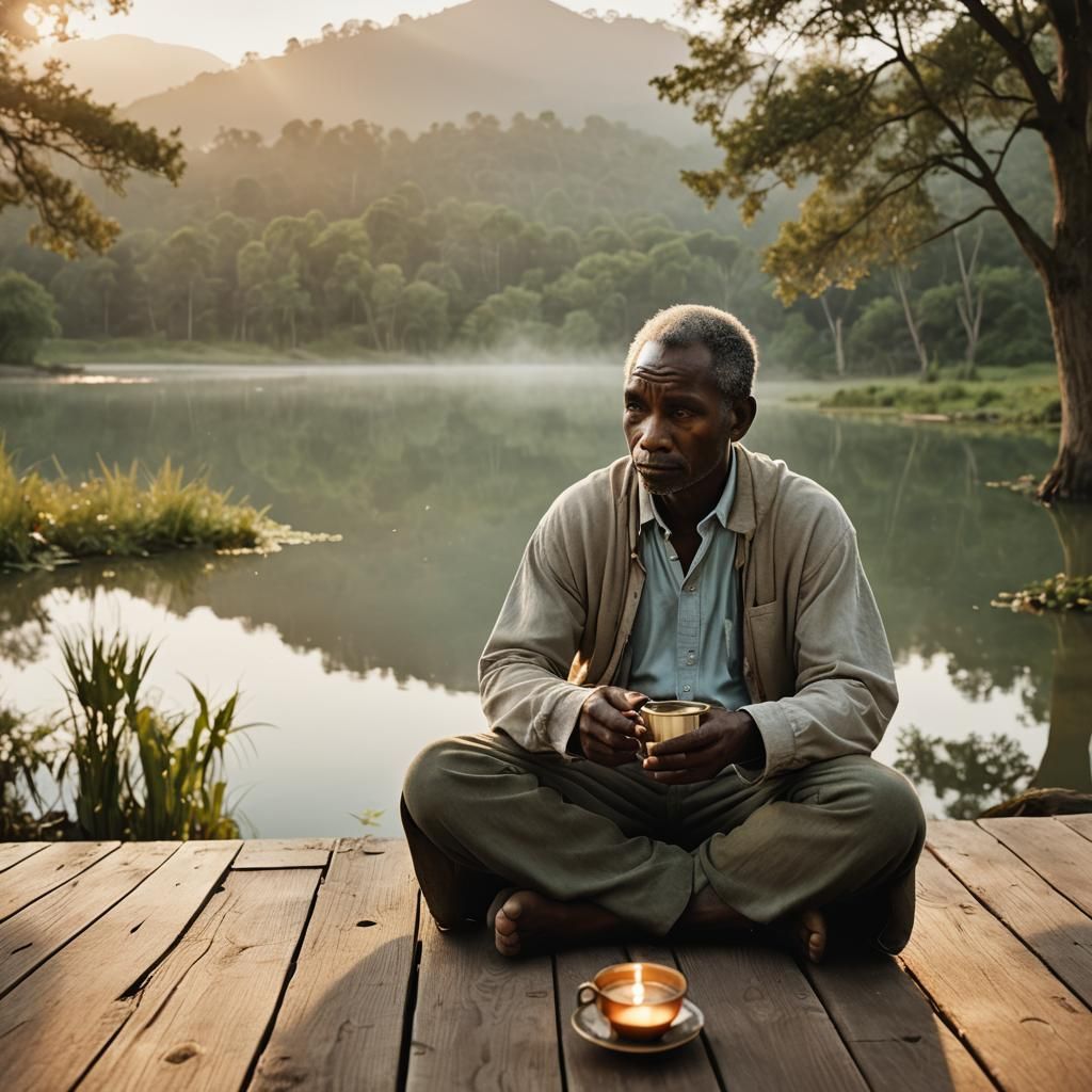 Serene Lakeside Meditation at Sunrise: Cinematic Portrait