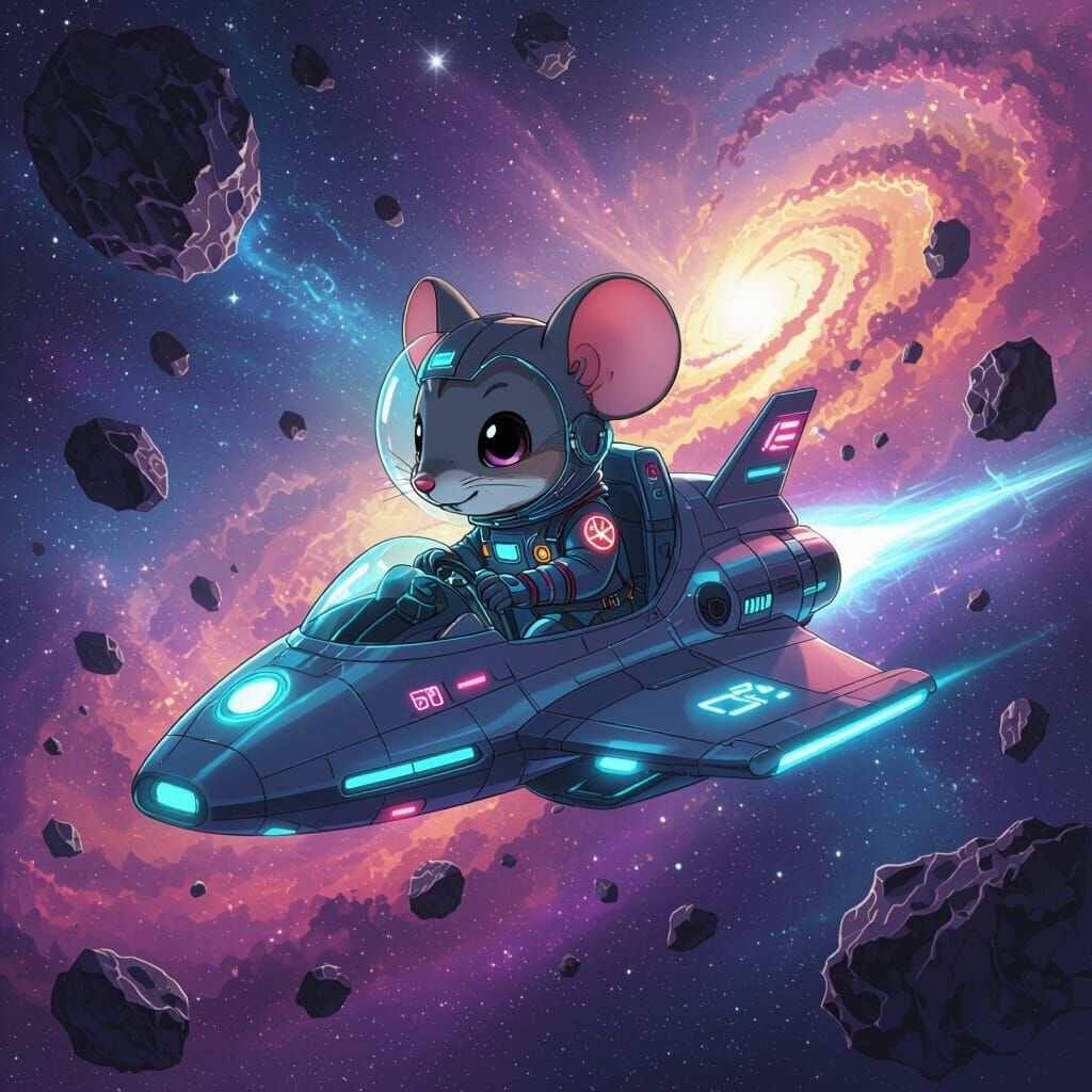 Chibi Mouse Piloting Spaceship Through Nebula in Impressioni...