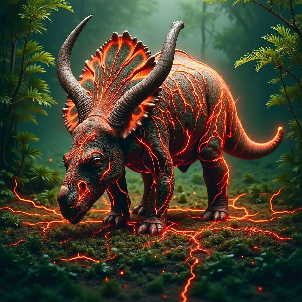 Triceratops Grazing Amidst Electrical Energy and Green Aura