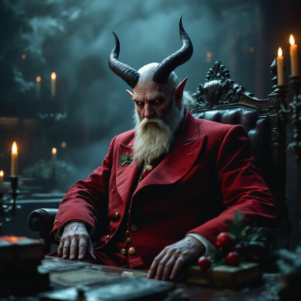 Satan Claus Portrait in Dimly Lit Study