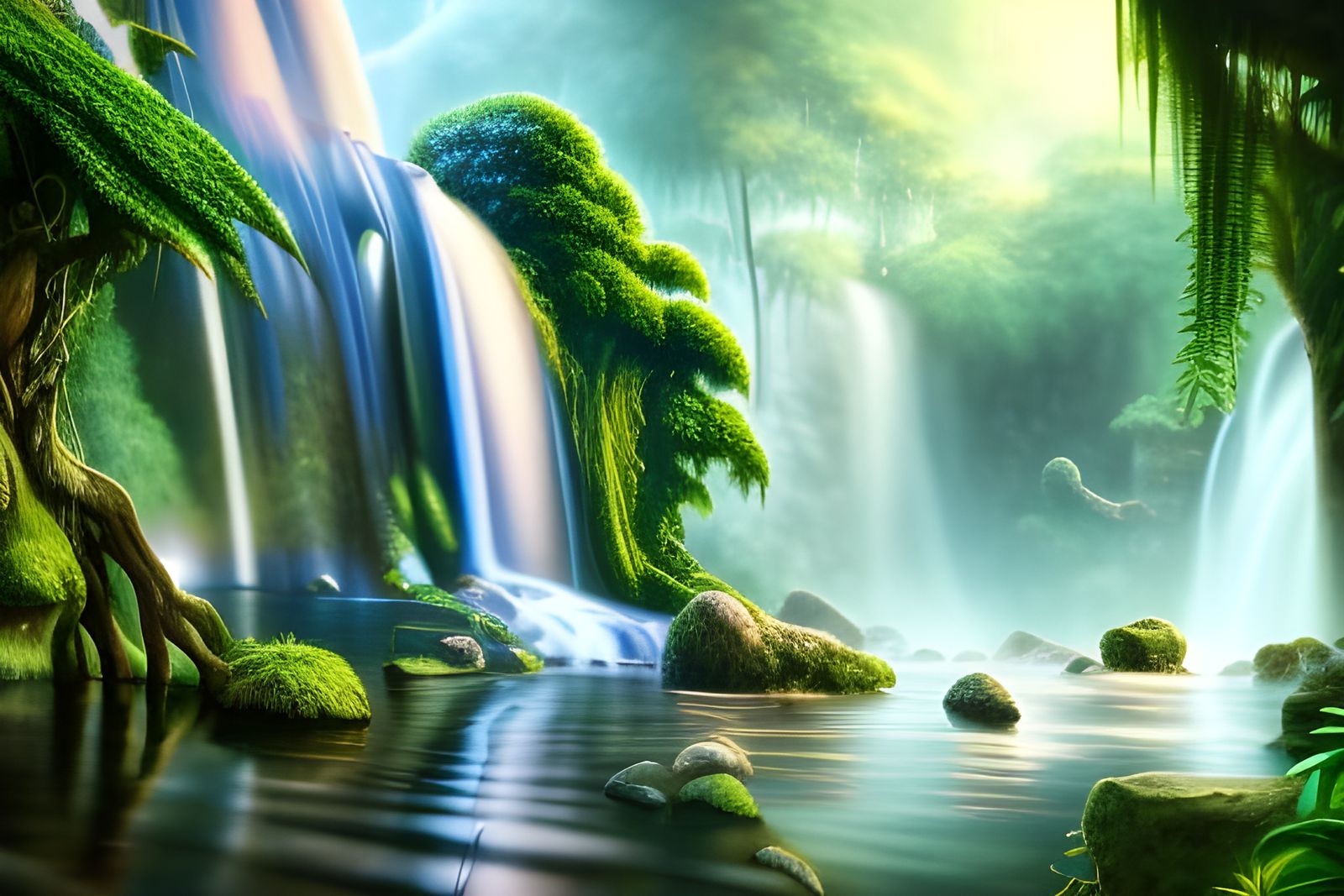 Lush Jungle Waterfall in Detailed Matte Painting