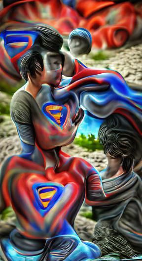 Superman Embraces Love on Alien Planet in Acrylic Art