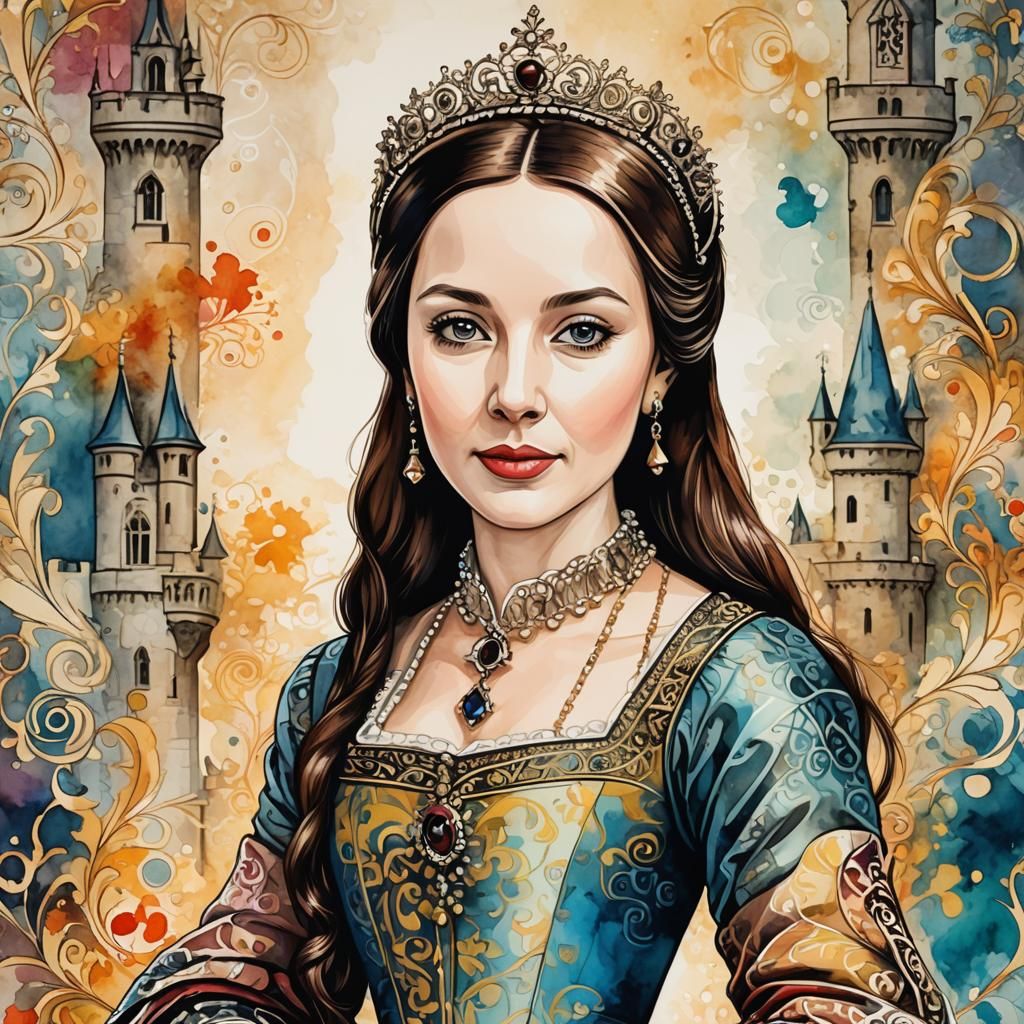 Colorful Vector Portrait of Anne Boleyn with Castle
