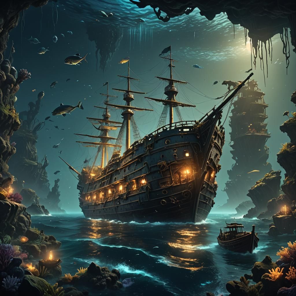 Bioluminescent Deep Ocean Shipwreck in Detailed Matte Painti...
