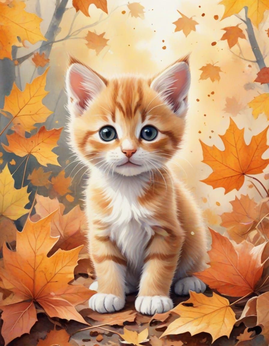 Kitten Plays in Autumn Leaves: Stylized Watercolor