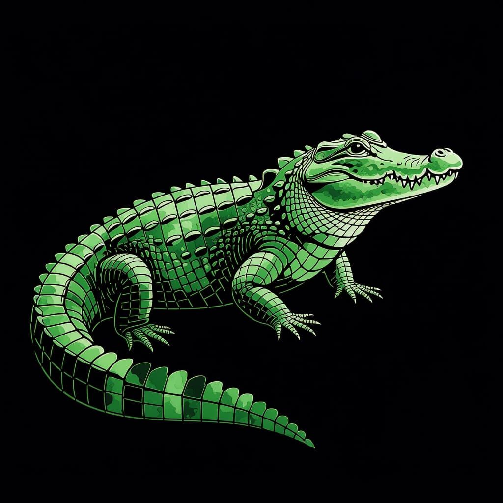 Stylized Green Gator in Negative Watercolor Style