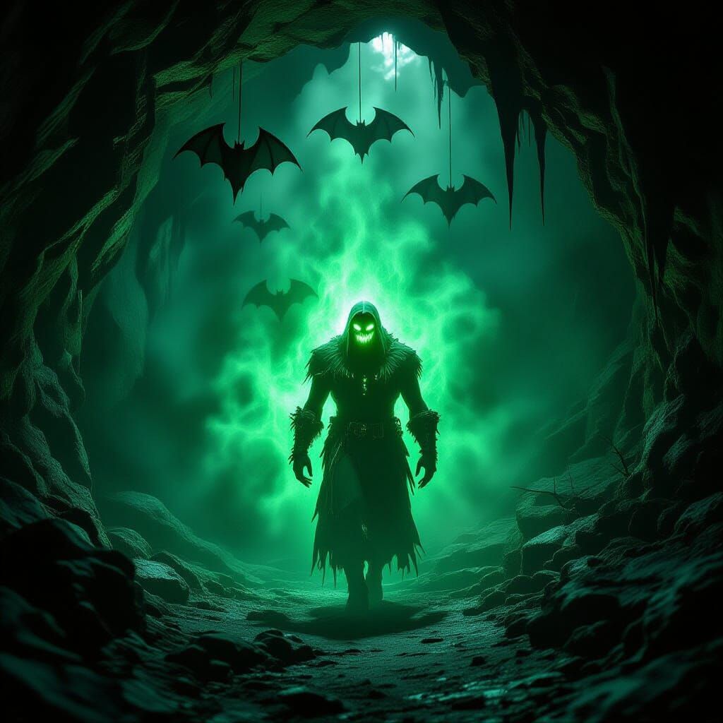 Glowing Grim Reaper in Dark Cave with Giant Bats