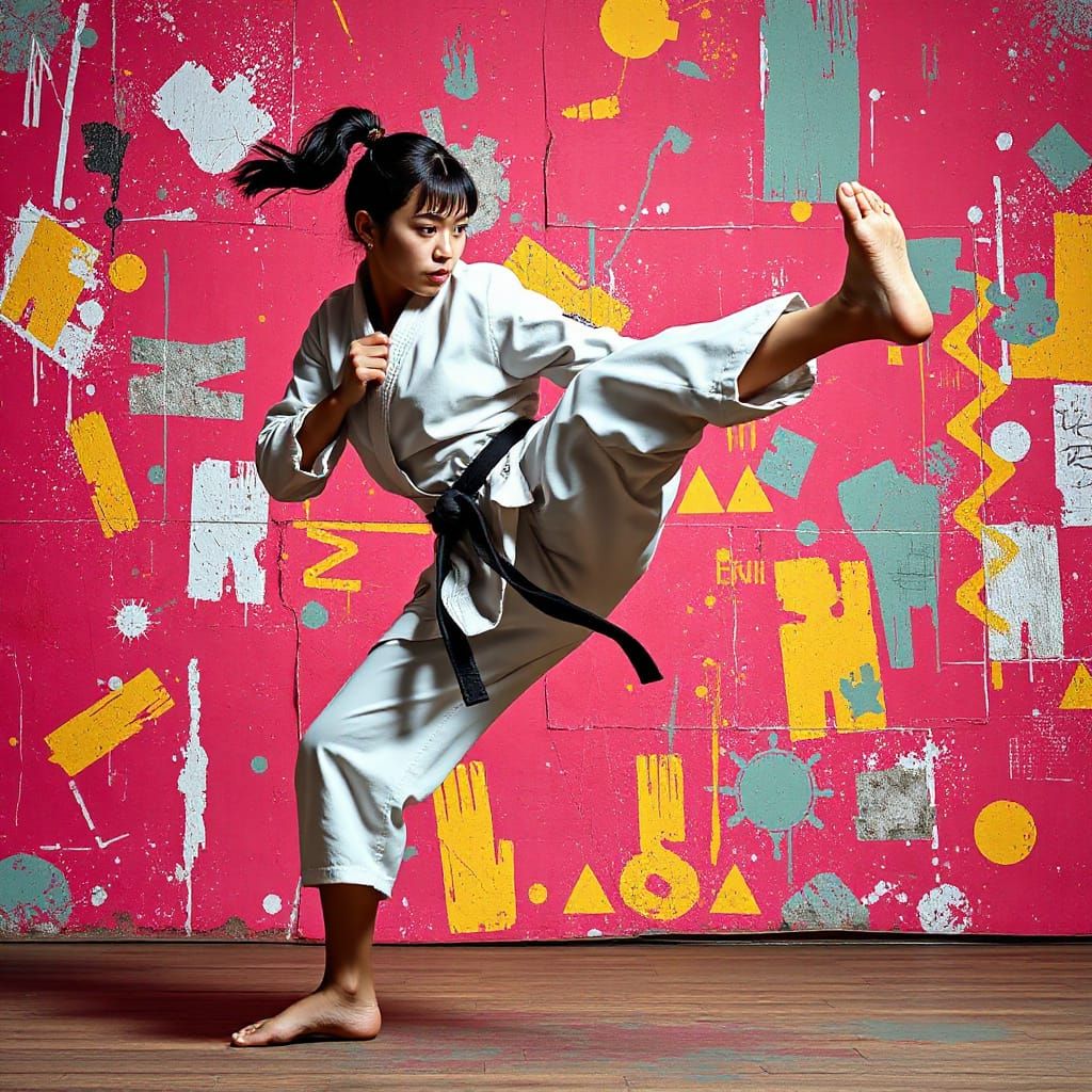 Female Martial Artist Mid-Kick in Trash Polka Style