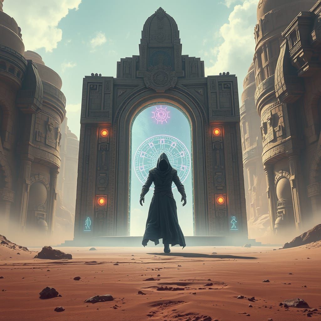 Mysterious Figure Emerges from Desert Teleportation Gate