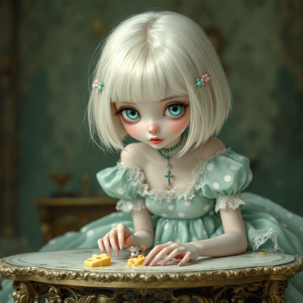 Delicate Pastel Gothic Woman in Whimsical Tabletop Scene