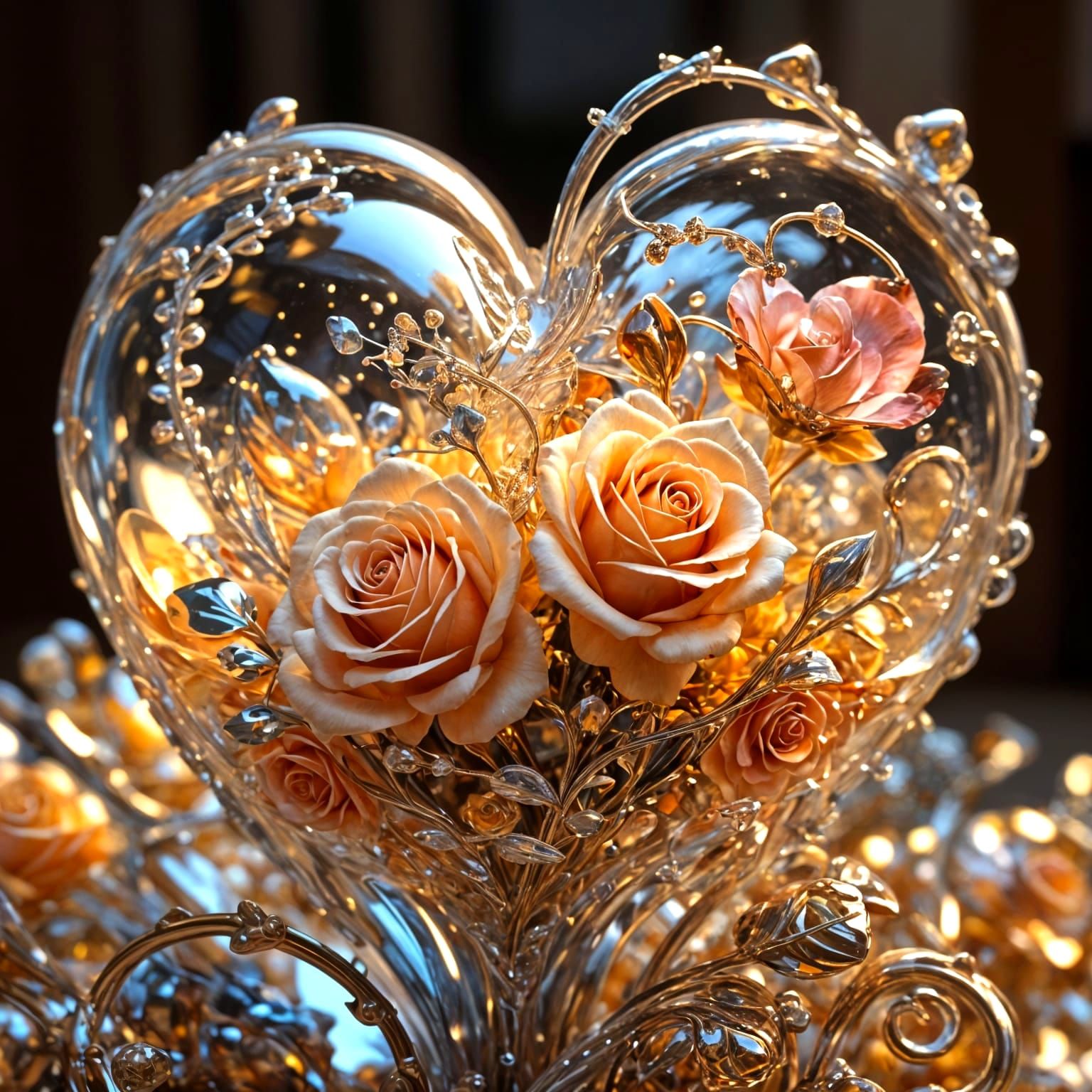 Ethereal Glass Sculpture of Interconnected Hearts and Roses