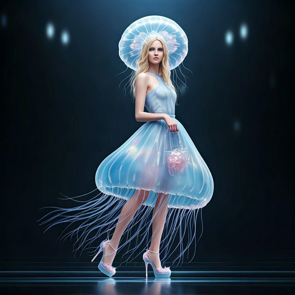 Jellyfish Fashion: Ethereal Catwalk Model in Translucent Ens...