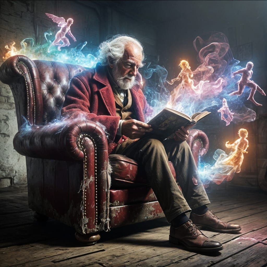 Old Man Reading With Fantasy Characters