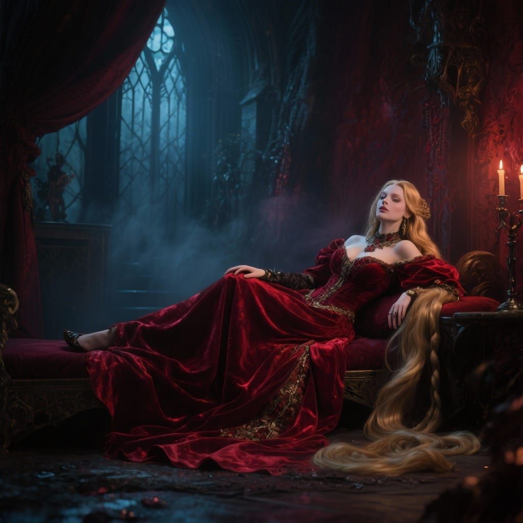 Gothic Rapunzel in Lavish Red Velvet Gown
