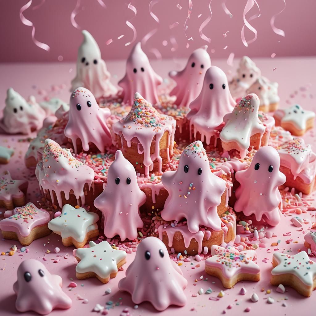 Pastel Surreal Pink Ghosts Melting on Cake