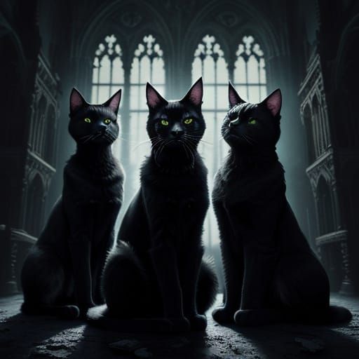 Three Cats in Dark Gothic Room Digital Painting