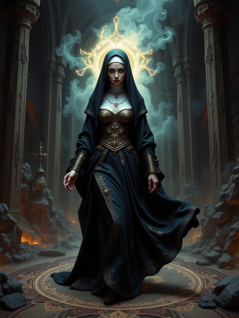 Sacripunk Nun with Gothic Altar in 3D Render