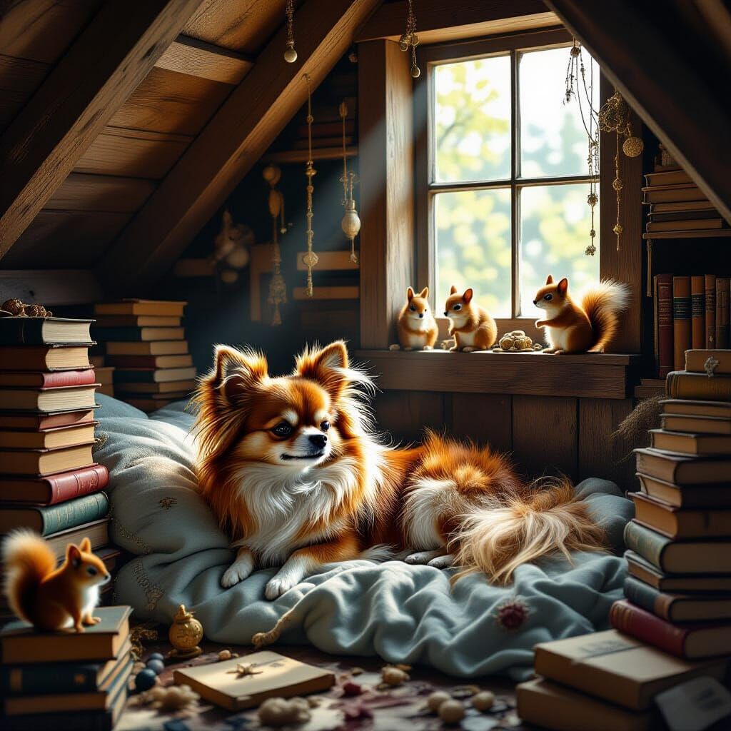 Dreaming Chihuahua in Surreal Attic with Spectral Squirrels