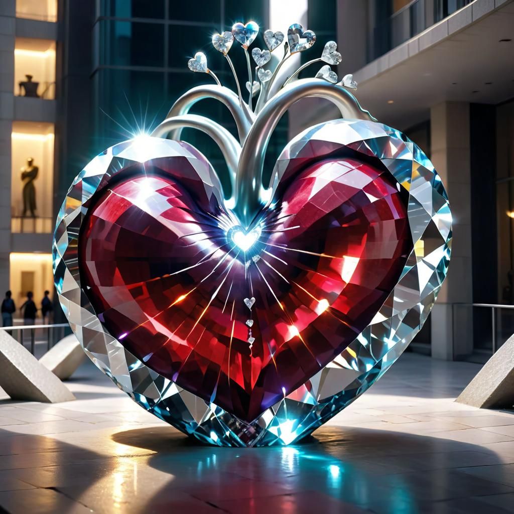 Diamond Heart Statue with Flowing Energy: 3D Render