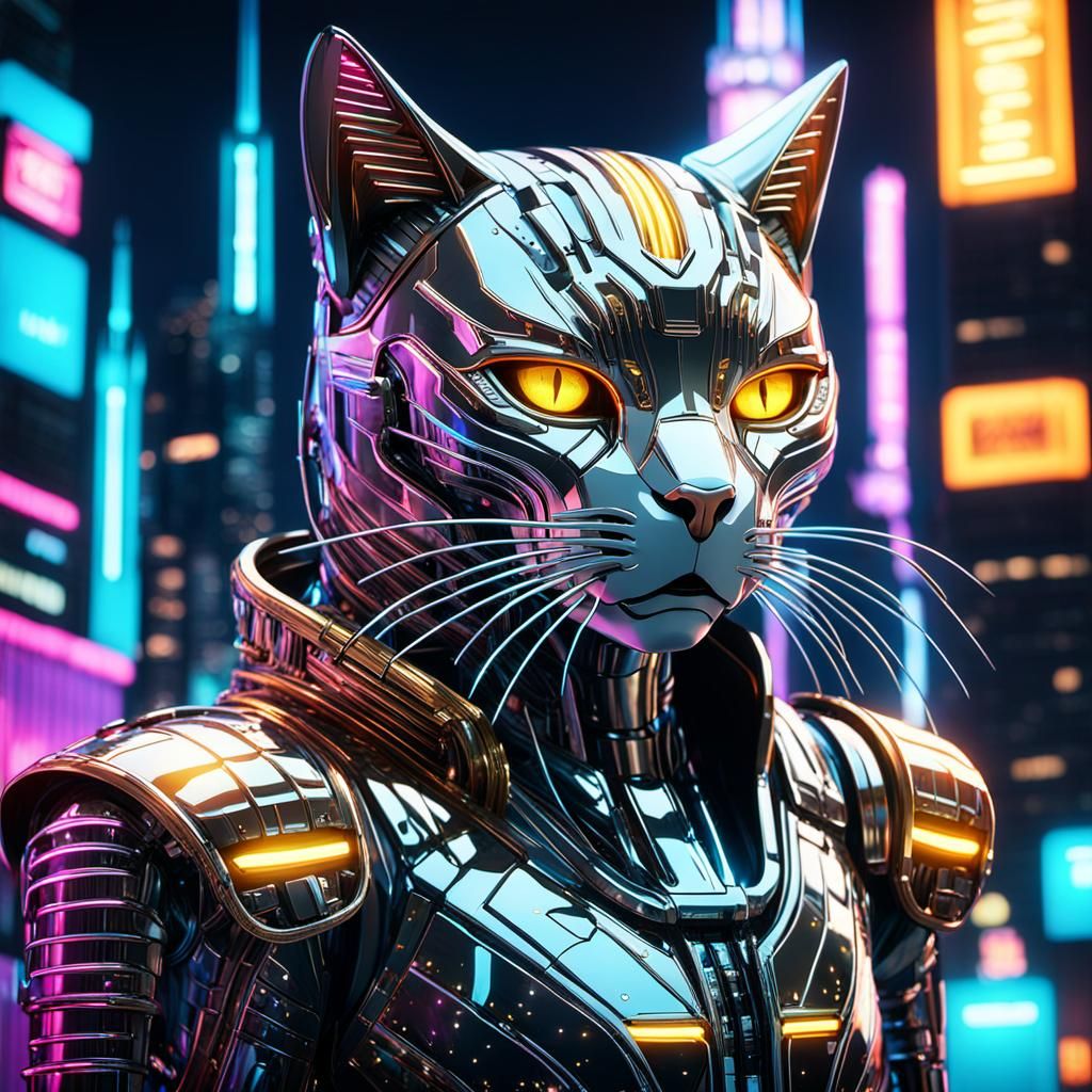 Cyber Cat in Cyberpunk Cityscape