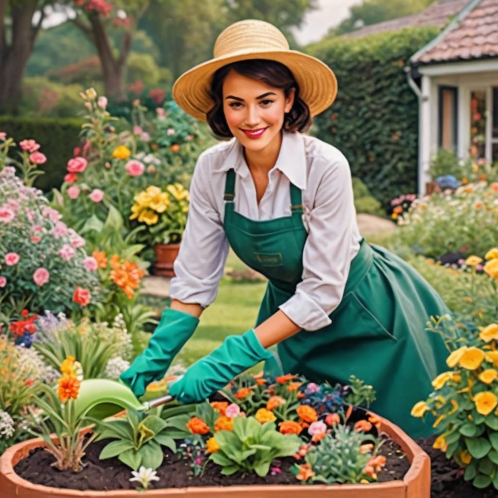 Woman Gardening in Impressionistic Botanical Art Style