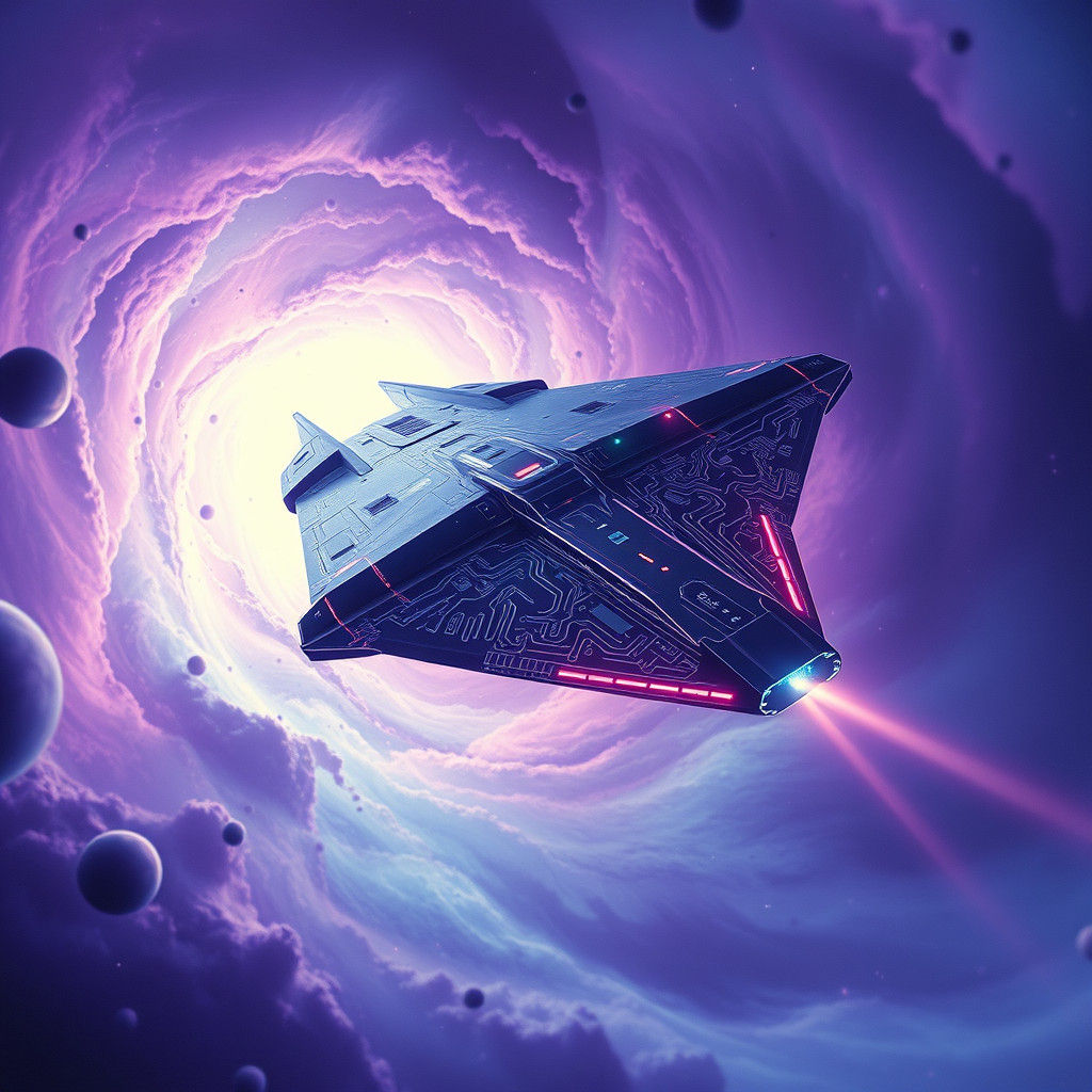 Sleek Spaceship Soaring Through Nebula, Retro-Futuristic Des...