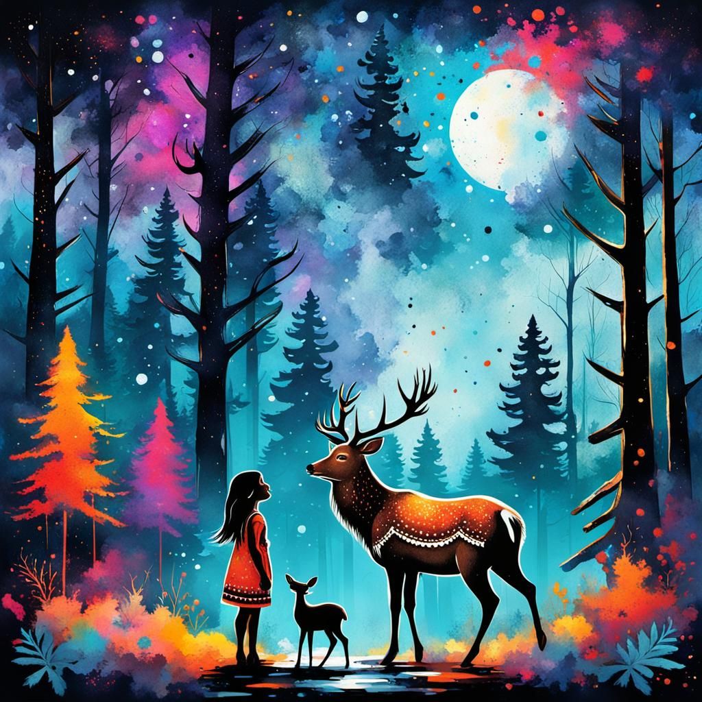Native American Girl and Deer in Vivid Ink Splatter Style