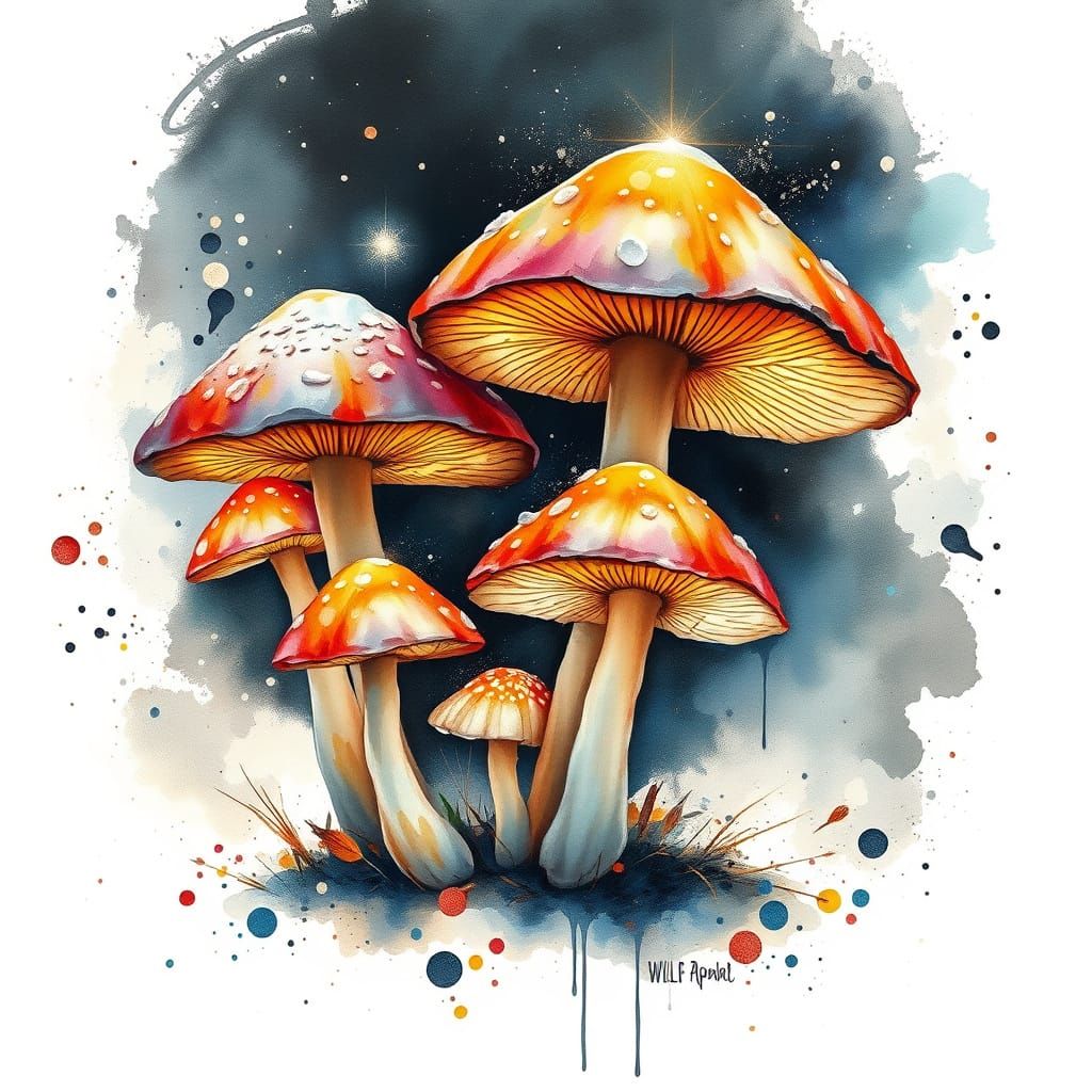 Dreamy Iridescent Mushrooms in Whimsical Watercolour Style