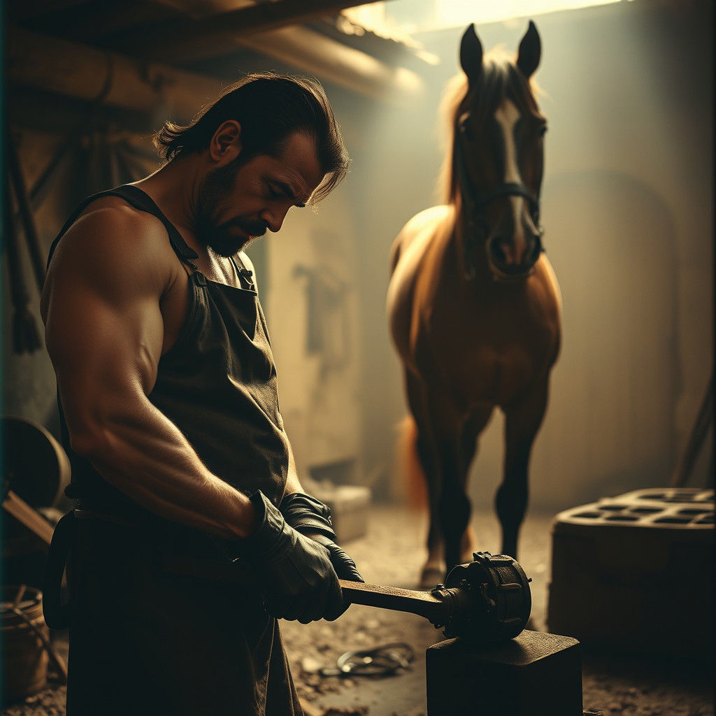 Blacksmith Shoeing Horse in Rustic Forge Setting