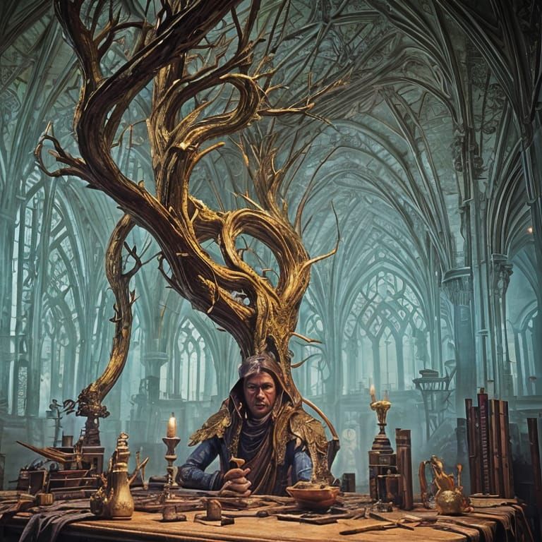 Thaumaturge at Desk, Dark Fantasy Art Nouveau