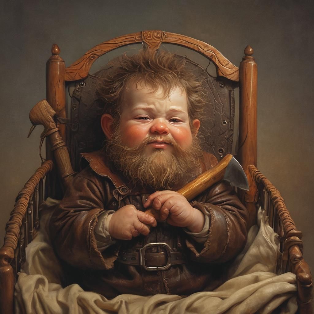 Baby Dwarf with Toy Axe in Crib Illustration