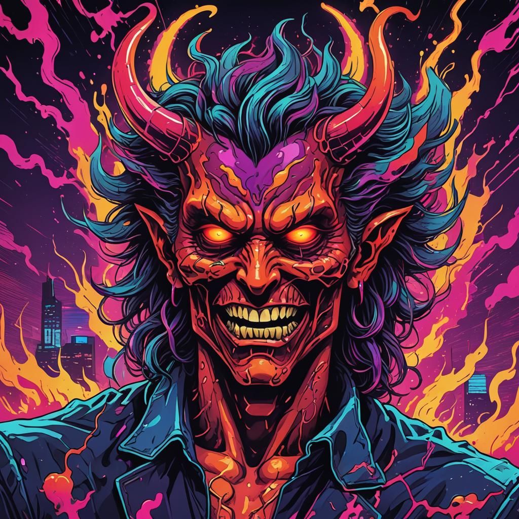 Psychedelic Demon Splash Art in Synthwave Neon Retro